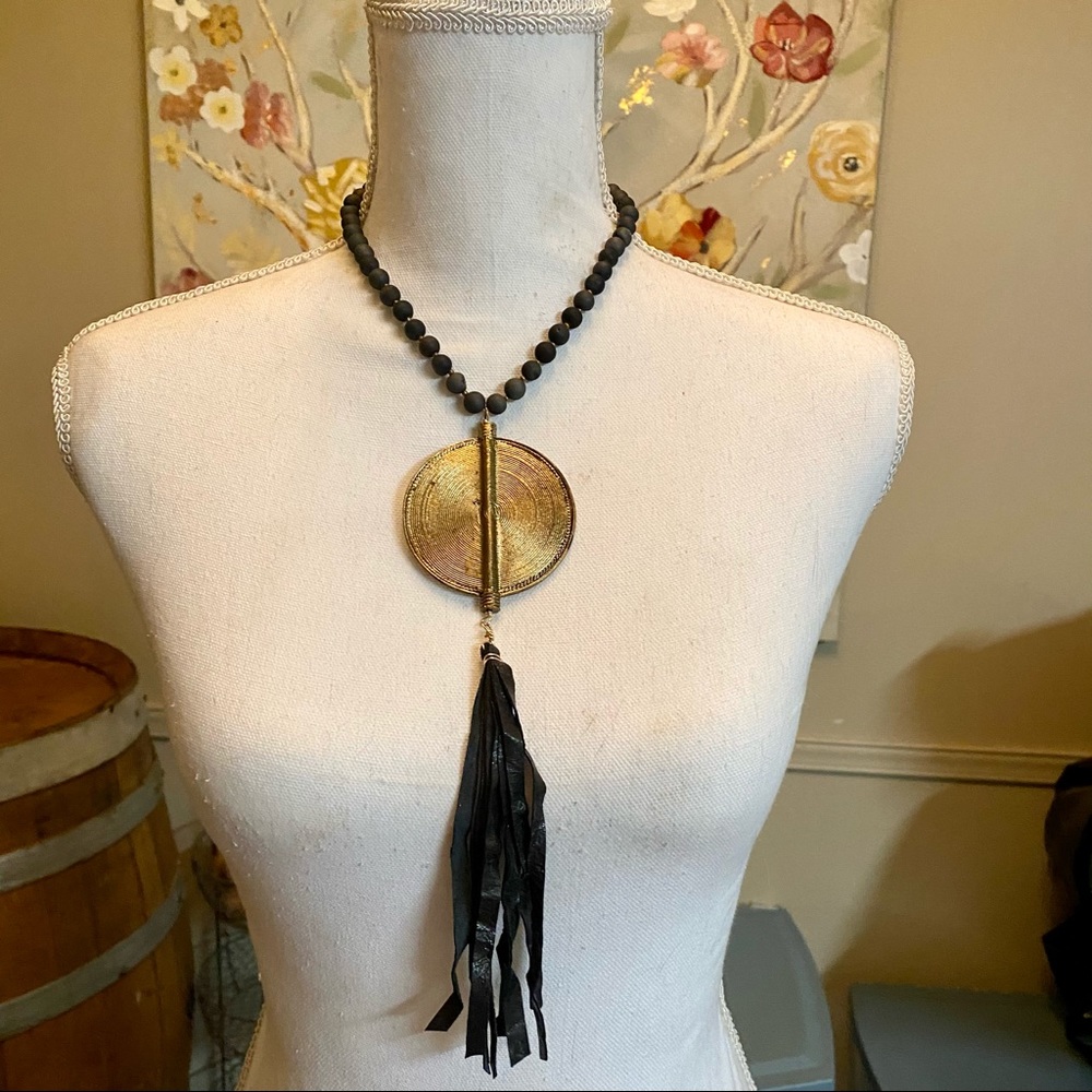 Medallion Necklace w/black leather fringe